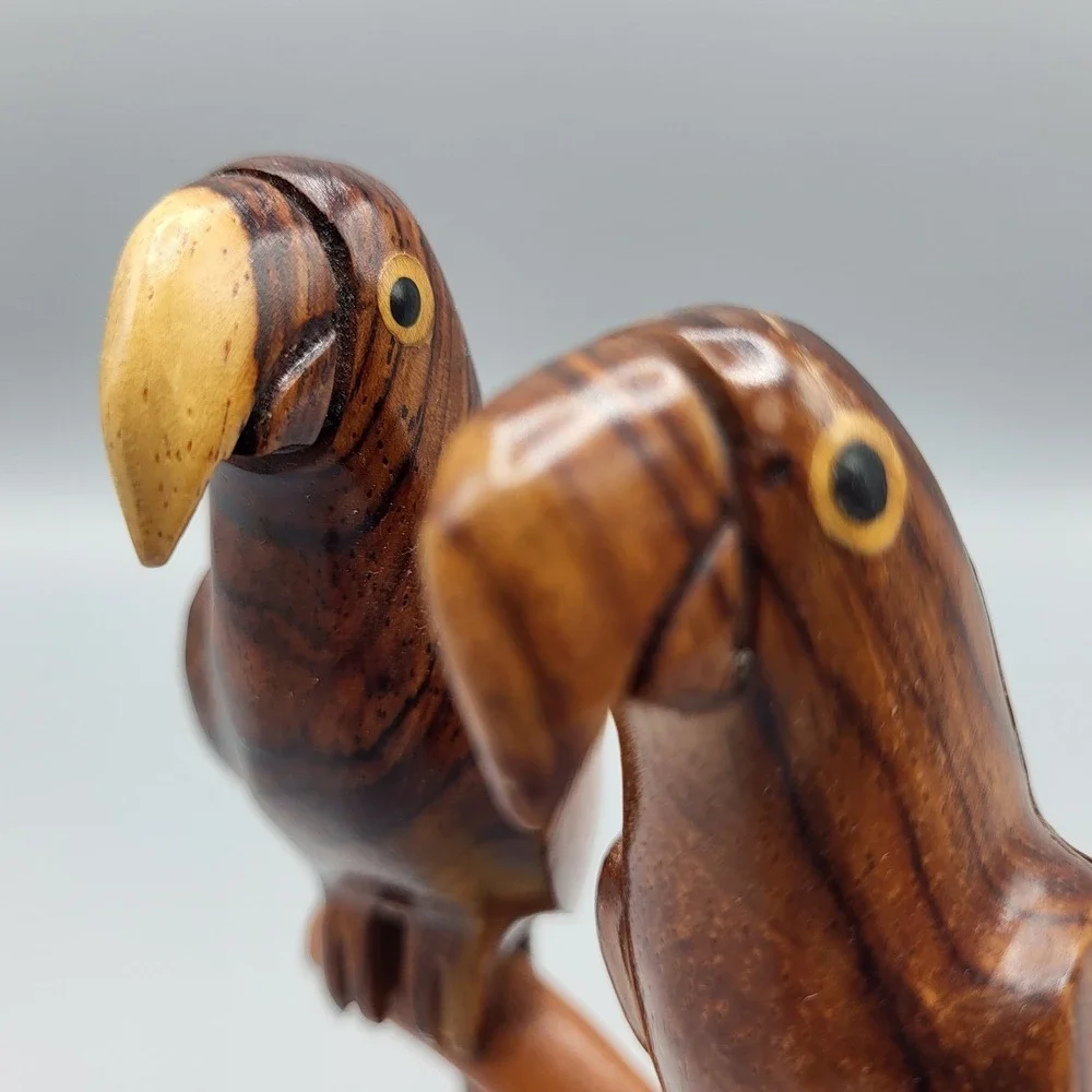 Hand Carved Wood Parrot Sculpture Figurine Pair on Branch Shelf Decor 6.25